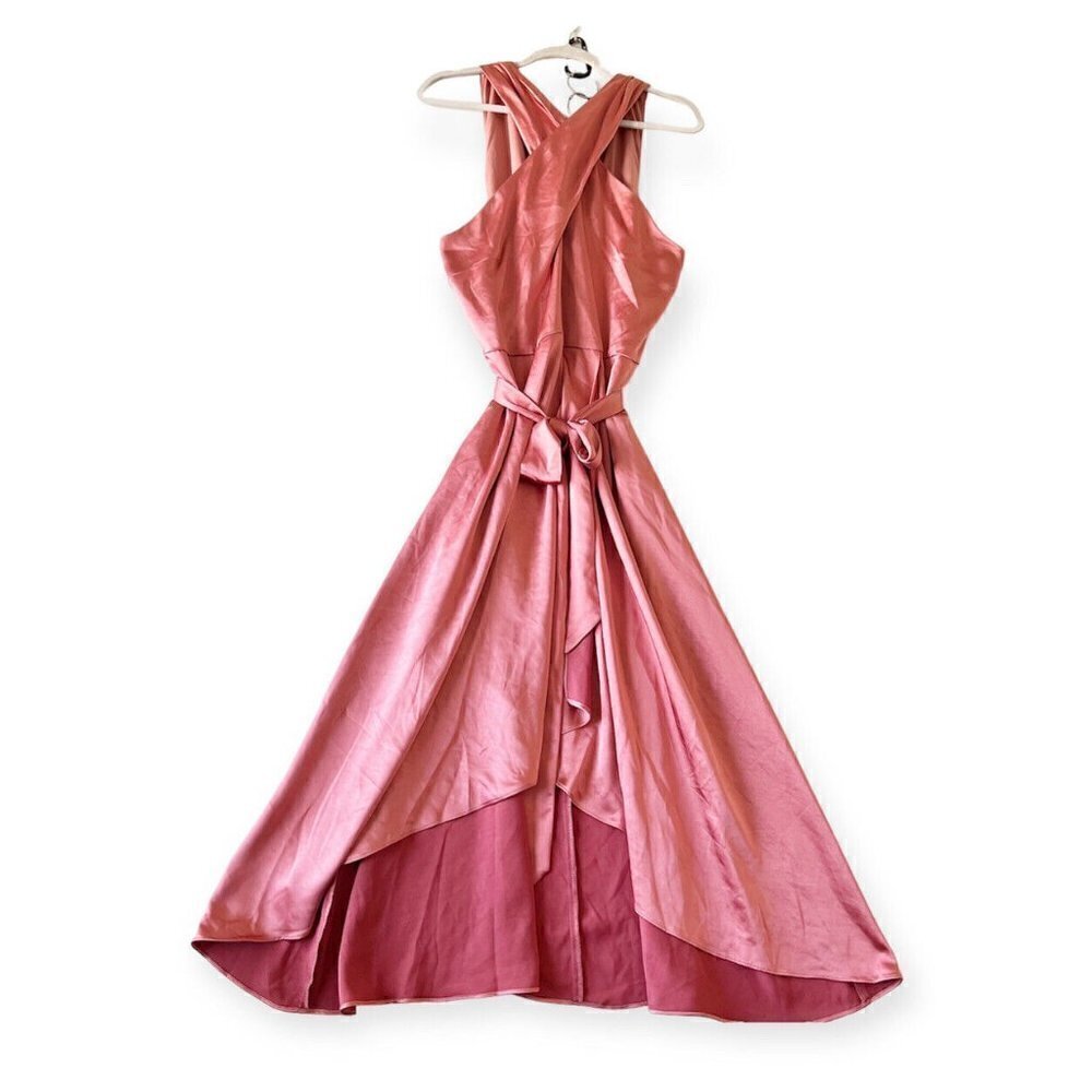 NEW INC MIDI DRESS Faux-Wrap Size 14 fit and flare Tie-Waist mauve pink NWT - Picture 3 of 6